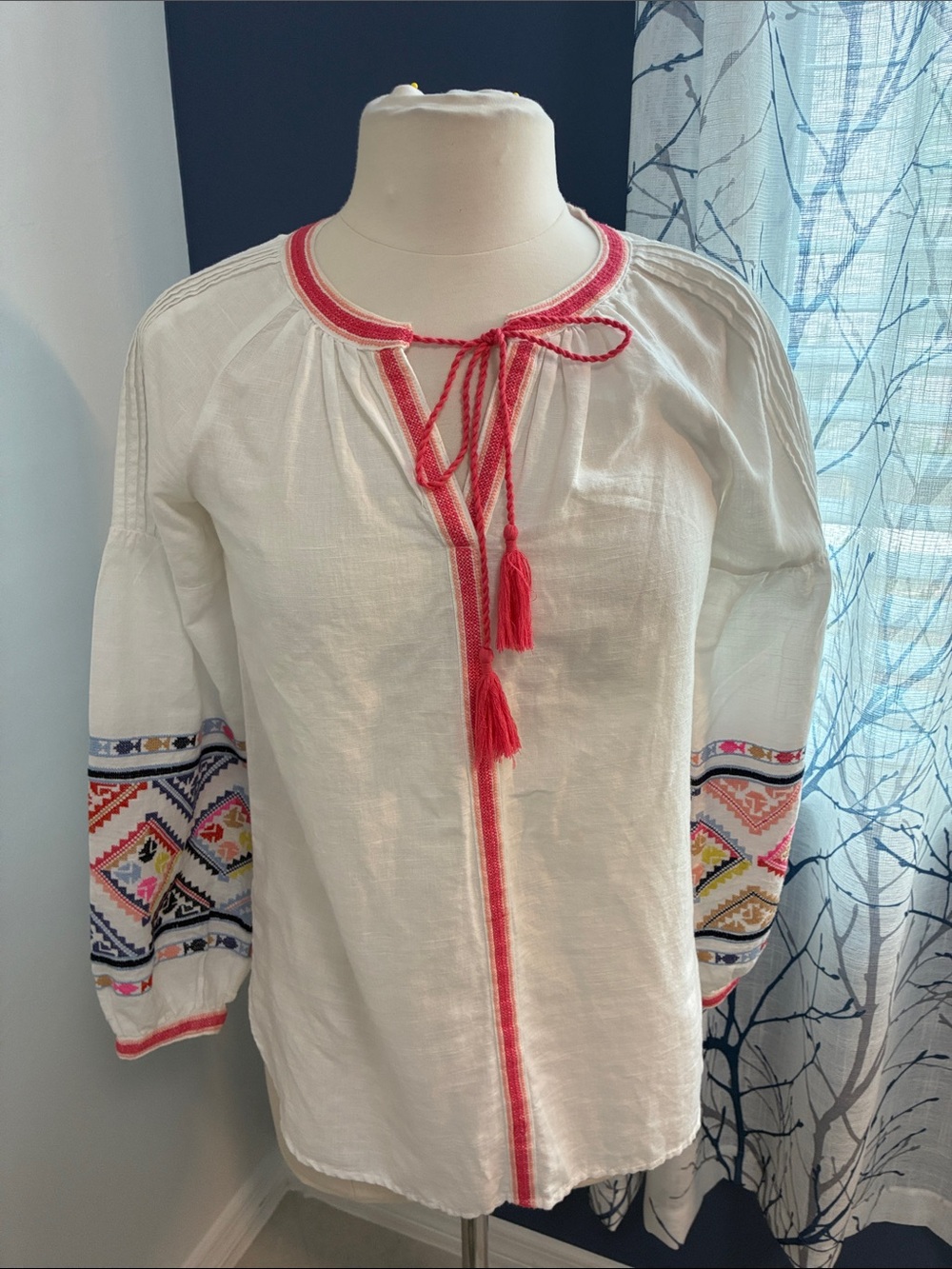Joules White Embroidered Peasant Top with Pink Trim